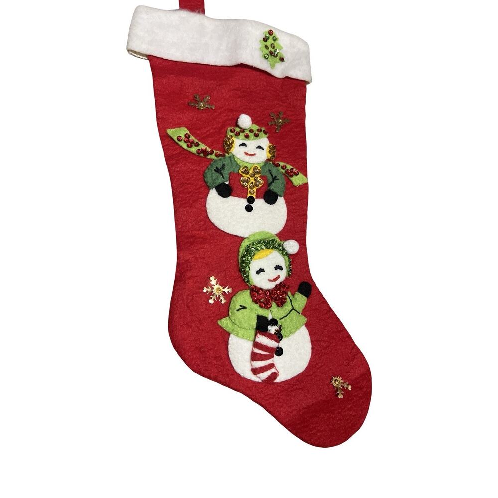 Vintage 18” Felt Christmas Stocking Snowmen Sequins Applique Handmade